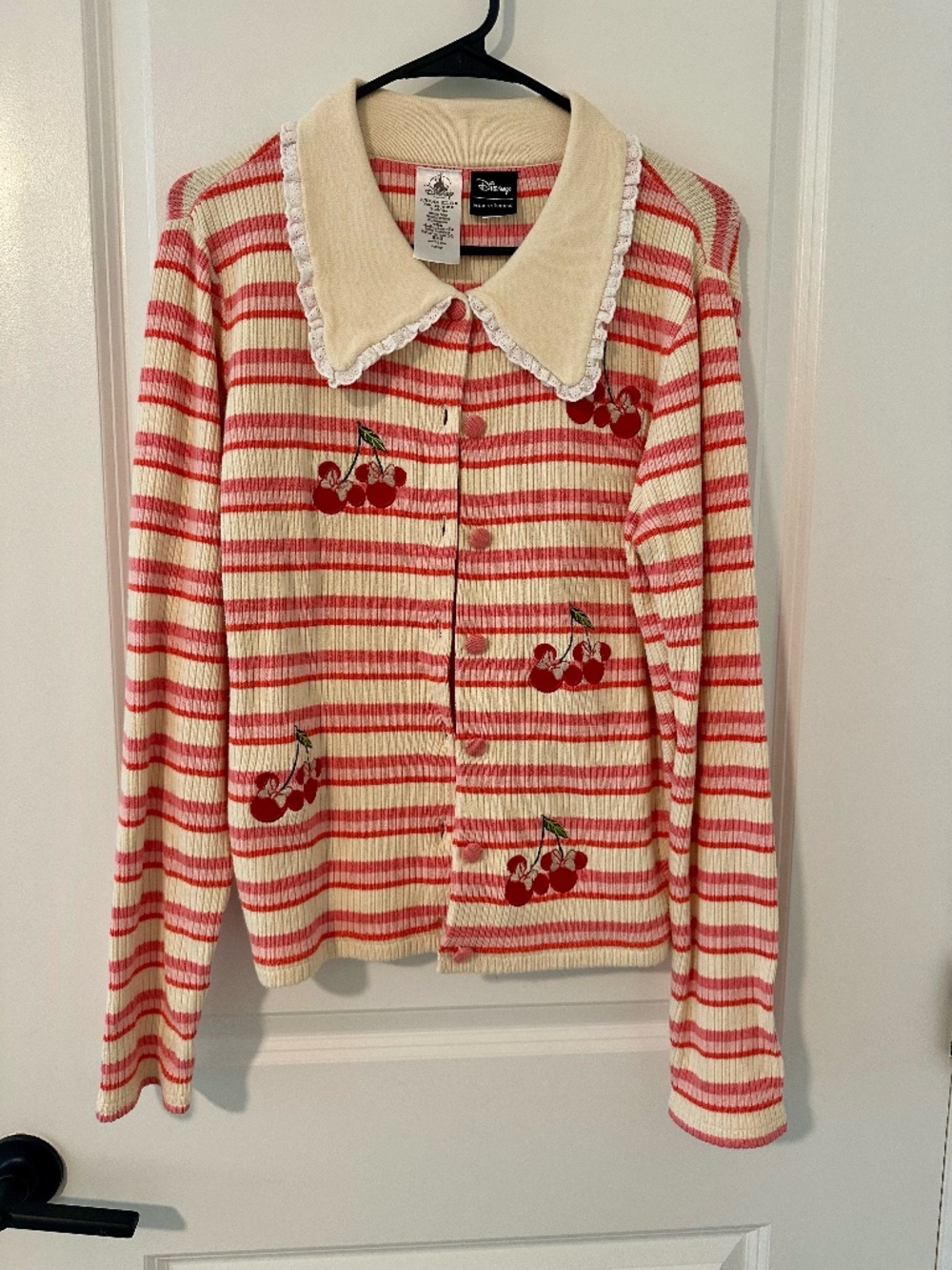 Disney x Her Universe Cherry Striped Cardigan XL Pink Cream Embroidered Retro